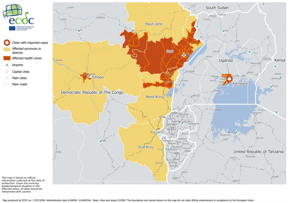 Ebola: Karte betroffener Gebiete DR Kongo / Uganda