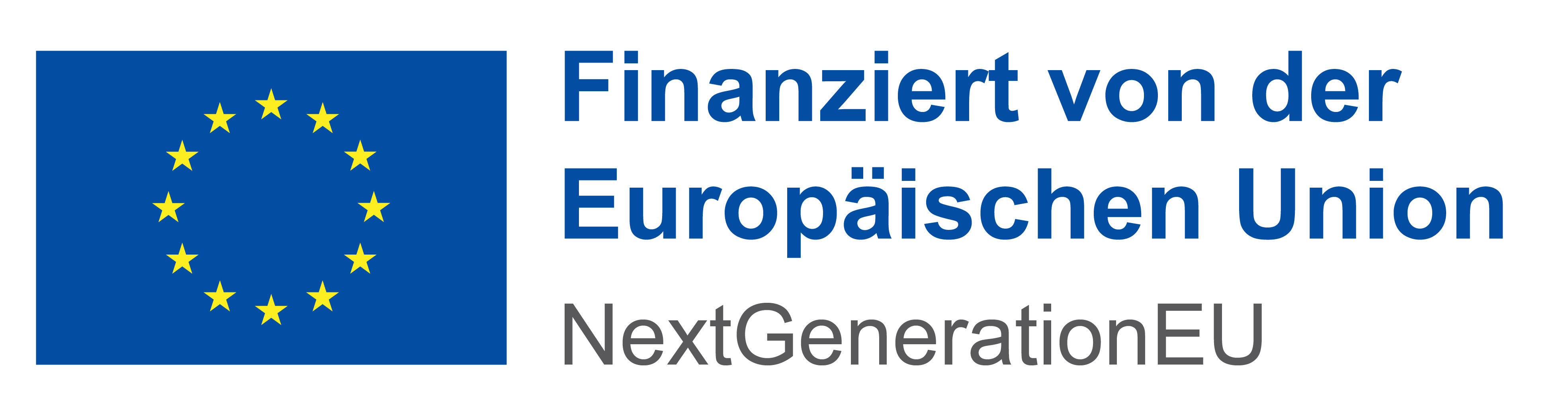 LOGO EU: blaue Fahne mit gelben Sternen mit Schriftzug: finanziert durch die Europäische Union, Next Generation